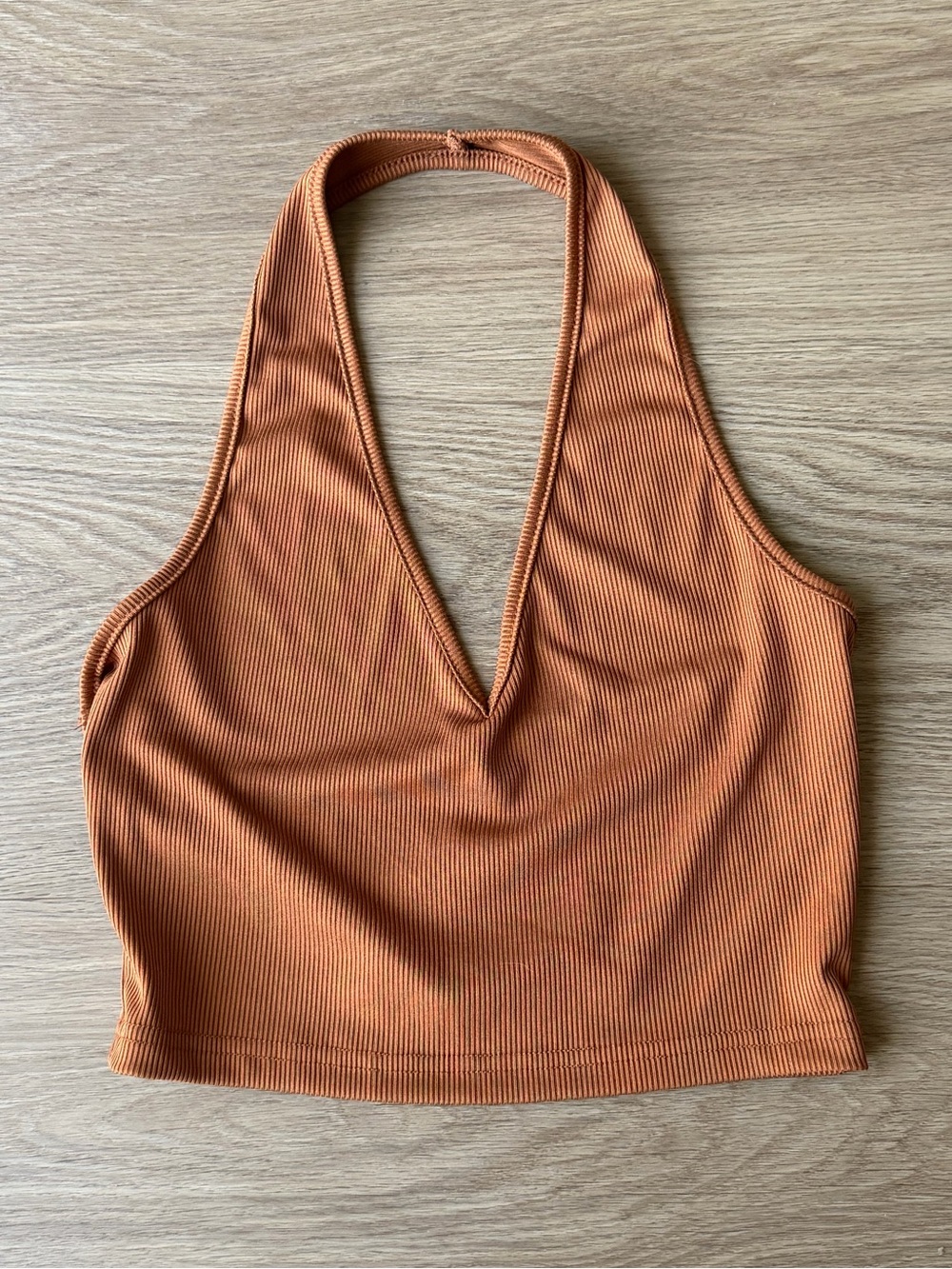 SHEIN Ribbed Deep V Halter Crop Top - Rust